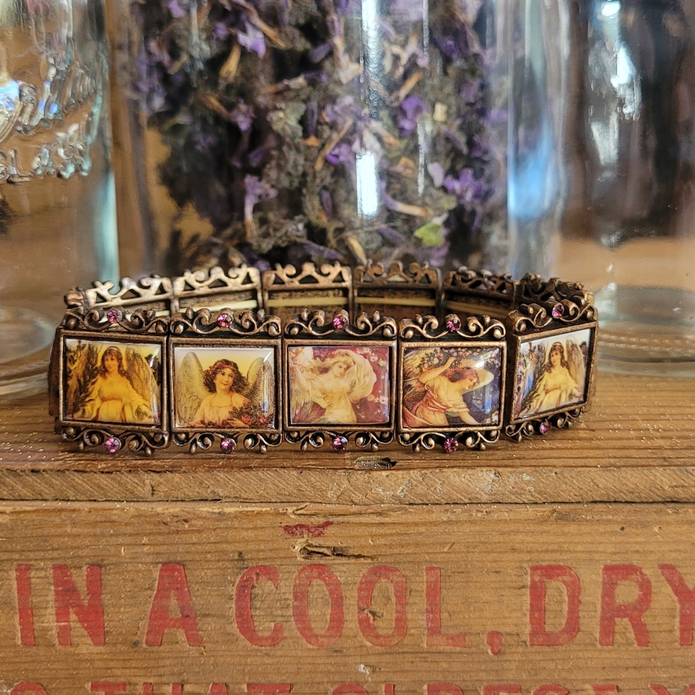 Angel Bracelet with Brass Scroll Work and Pink Rhinestones